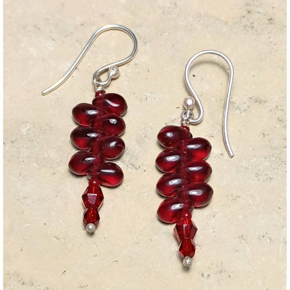 Natural Garnet Teardrop Sterling Silver Beaded Petite Dangle Earrings